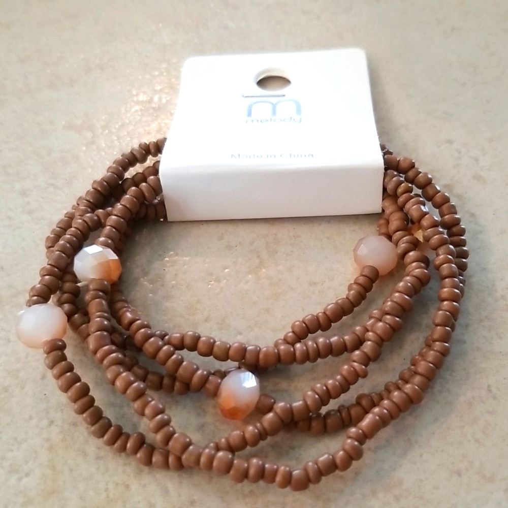 Set of 5 Tan Bead Bracelets With Two Tone Marble Accent Beads
